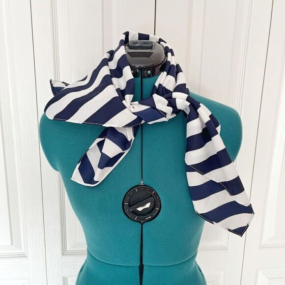 Unbranded Nautical Cruise Navy Blue White Stripe Square Handkerchief Scarf - Picture 1 of 4